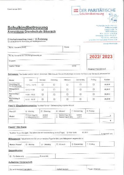 Anmeldung GTB Biberach, Schulkindbetreuung