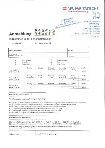 Anmeldung Ferienbetreuung 2022/2023
