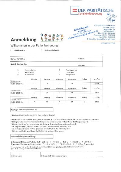 Anmeldung Ferienbetreuung 2023/2024