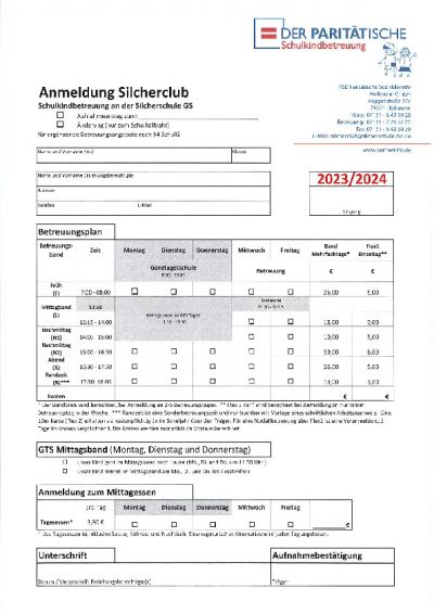 Anmeldung Silcherclub, Schulkindbetreuung
