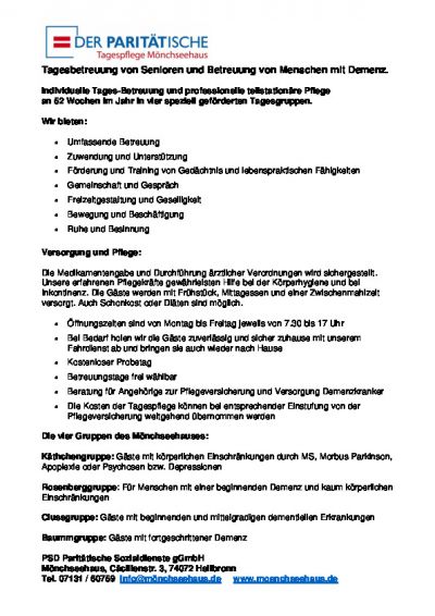 Steckbrief Tagespflege Mönchseehaus 2024