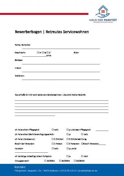 Bewerberbogen Betreutes Servicewohnen