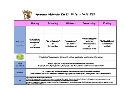 Silcherschule Speiseplan KW 27 ab Montag 30.06.2025