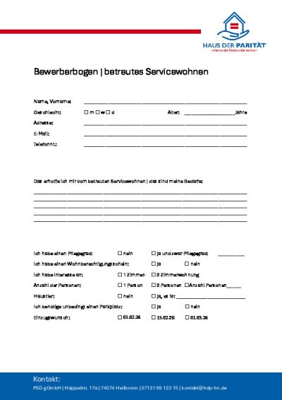 Bewerberbogen Betreutes Servicewohnen