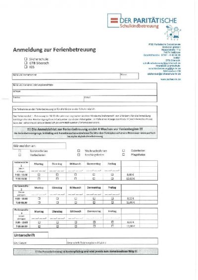 Ferienbetreuung Anmeldung Silcherschule, Biberach, Innenstadt GS