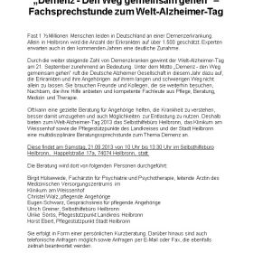 Text - ausführliche Version – Weltalzheimertag 2013 - Veranstaltungen am Samstag, 21. September