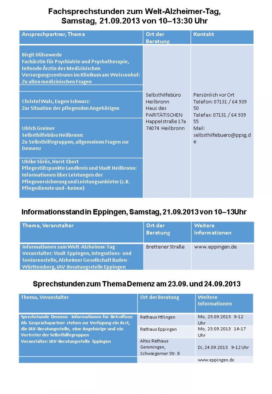 Veranstaltungen am Weltalzheimertag, 21.09.2013 Veranstaltungen am Weltalzheimertag, 21.09.2013