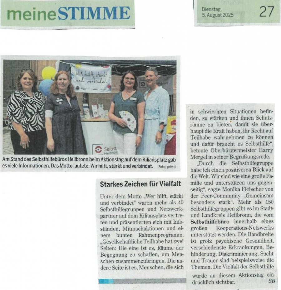 Bericht Selbsthilfetag Heilbronner Stimme vom 05.08.2025