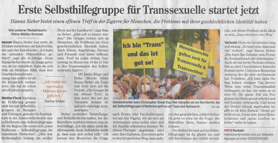 Artikel HSt Mitgründerin Selbsthilfegruppe trans*-Heilbronn 18.01.2022 Artikel HSt Mitgründerin Selbsthilfegruppe trans*-Heilbronn 18.01.2022