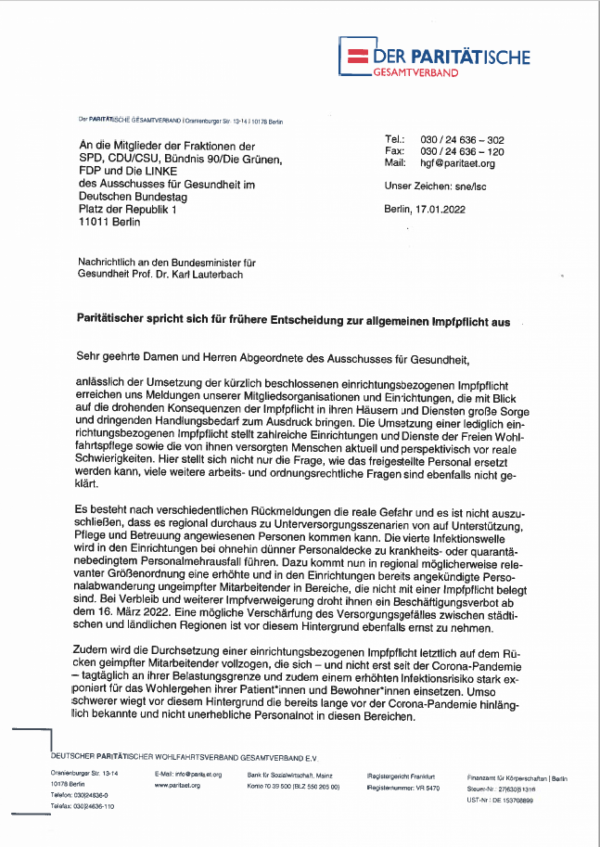 Brief des Paritätischen Gesamtverbands zur allgemeinen Impfpflicht