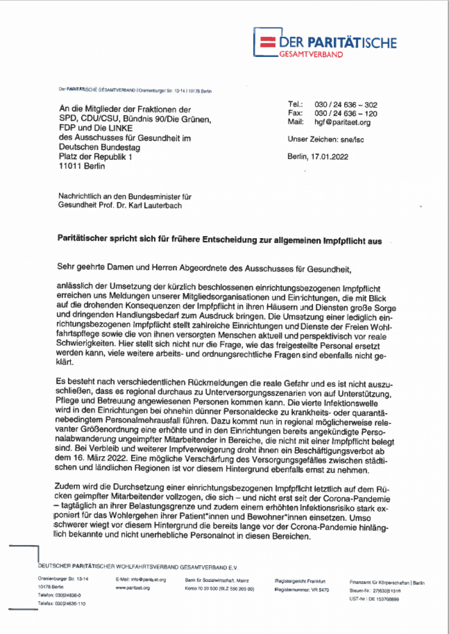 Brief des Paritätischen Gesamtverbands zur allgemeinen Impfpflicht Brief des Paritätischen Gesamtverbands zur allgemeinen Impfpflicht