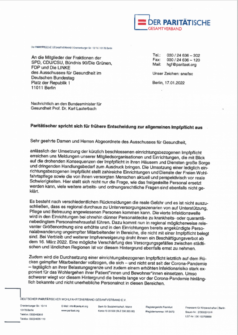 Brief des Paritätischen Gesamtverbands zur allgemeinen Impfpflicht