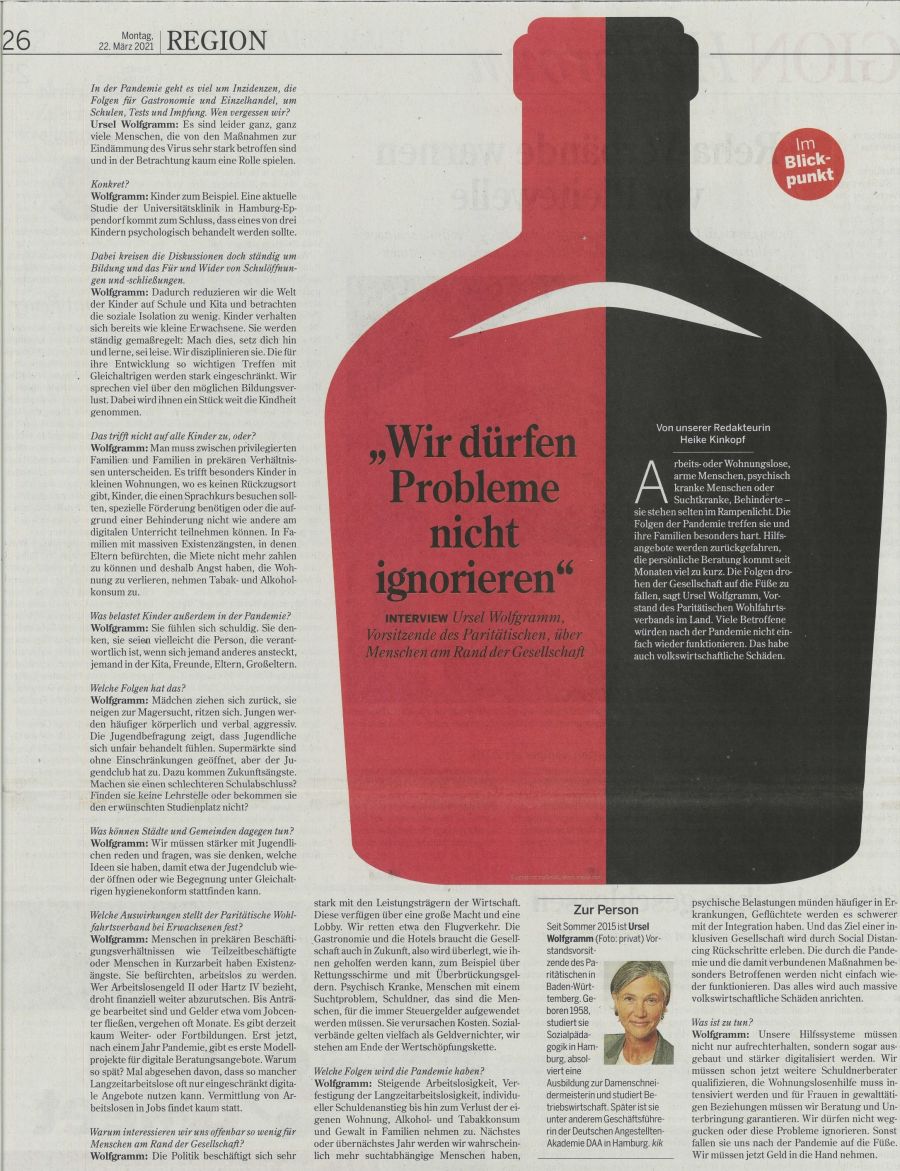 Bericht in der Heilbronner Stimme vom 22.03.2021 – Interview mit Ursel Wolfgram, Vorstandsvorsitzende des Paritätischen in Baden-Württemberg, über Menschen am Rand der Gesellschaft (© Heilbronner Stimme vom 22.03.2021) Bericht in der Heilbronner Stimme vom 22.03.2021 – Interview mit Ursel Wolfgram, Vorstandsvorsitzende des Paritätischen in Baden-Württemberg, über Menschen am Rand der Gesellschaft (© Heilbronner Stimme vom 22.03.2021)